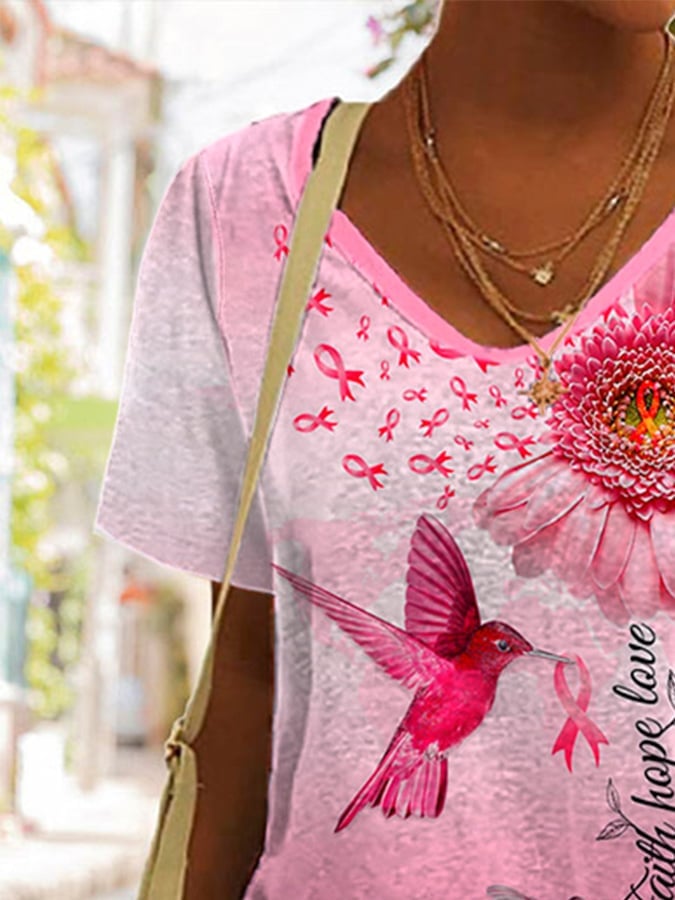 Faith Hope Love Breast Cancer Awareness Print T-Shirt