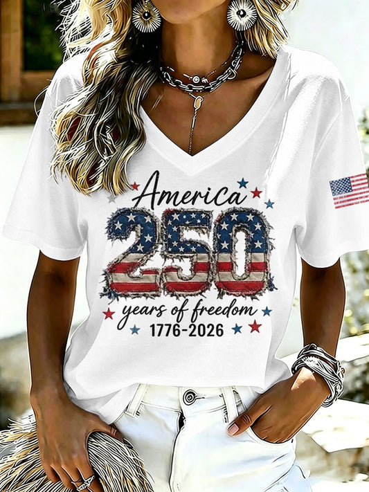Ladies' Casual American 250Th Anniversary Celebration Personalized Printed V-Neck Short Sleeved Shirt