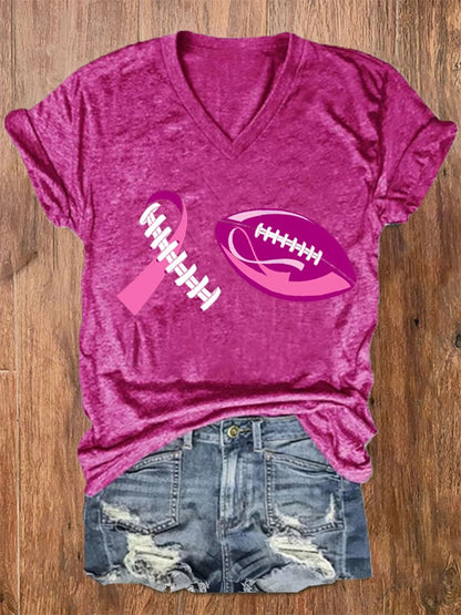 Women's Football Breast Cancer Awareness Print V-Neck T-Shirt