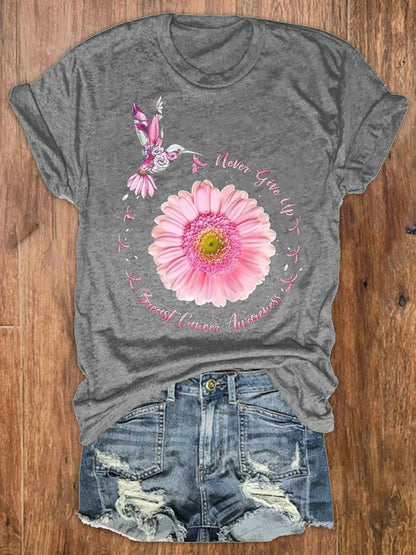 Women's Never Give Up Breast Cancer Awareness Print Crewneck T-Shirt