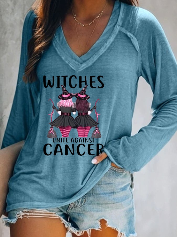 Women's Witches Unite Against Cancer V-Neck Long-Sleeve T-Shirt