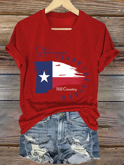 🙏💔Join us in praying for Texas.🙏V-Neck Retro Texas Strong Hill Country Stronger Than The Storm Print T-Shirt
