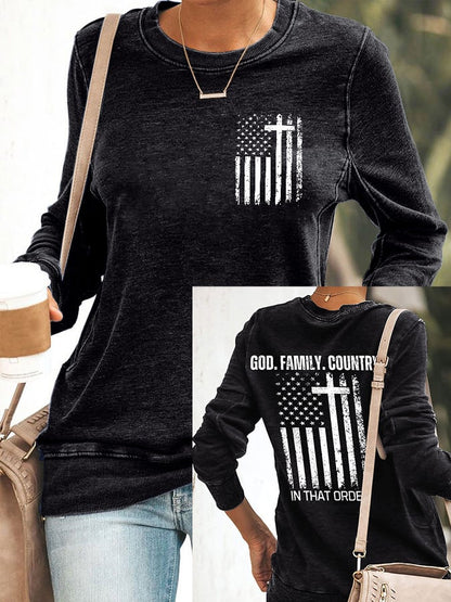 Women's God Family Country In That Order Print Round Neck Sweatshirt
