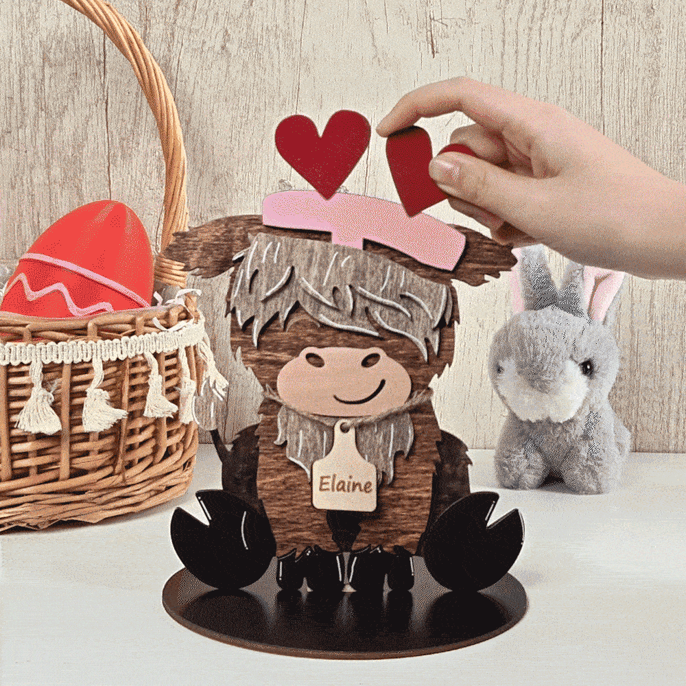 Cute Highland Cow Wooden Tabletop Decor with 12 Interchangeable Hats