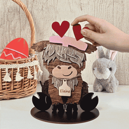 Cute Highland Cow Wooden Tabletop Decor with 12 Interchangeable Hats