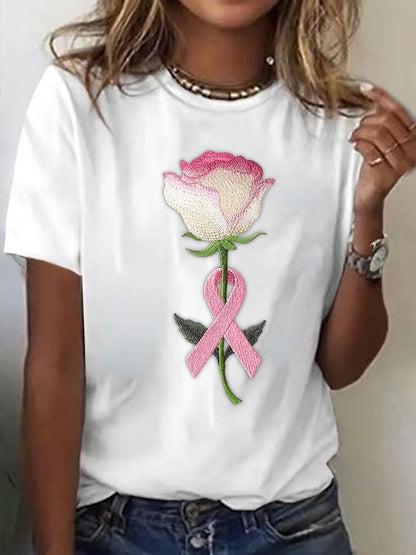 Women's Pink Embroidered Floral Print Crew Neck T-Shirt