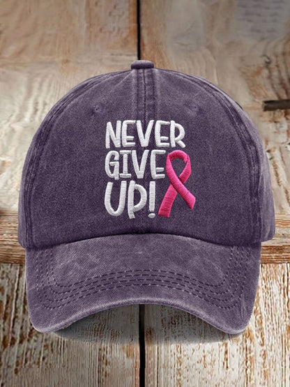 Never Give Up Pink Ribbon Breast Cancer Awareness Print Baseball Cap