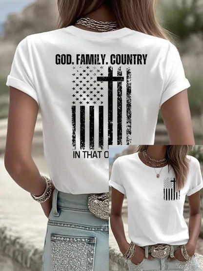 Women's God Family Country In That Order Print Round Neck T-shirt