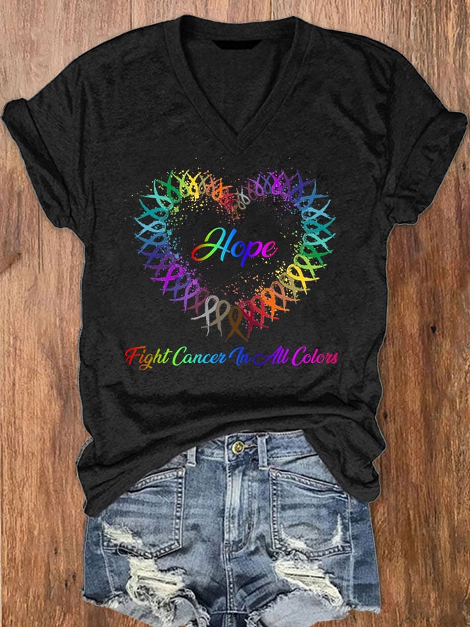 Women's Hope Fight Cancer In All Colors Cancer Awareness Ribbon Print V-Neck T-Shirt