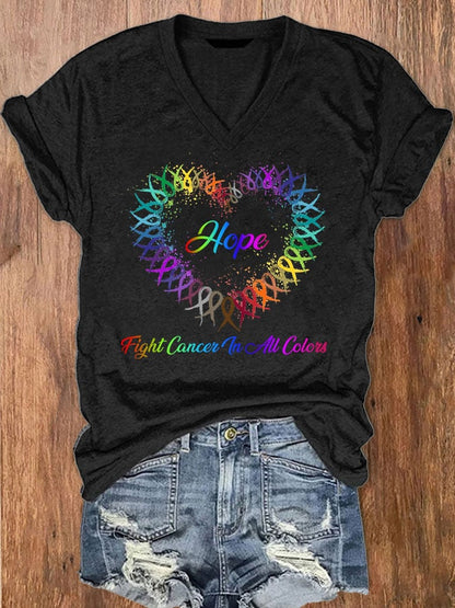 Women's Hope Fight Cancer In All Colors Cancer Awareness Ribbon Print V-Neck T-Shirt