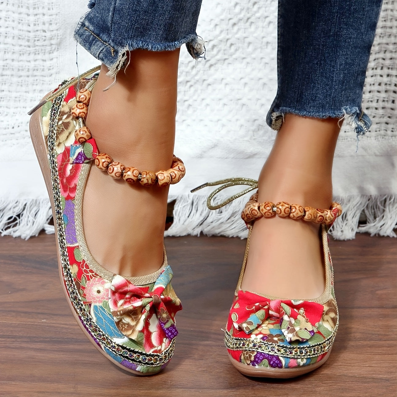 👍Last Day Promotion 70% OFF –2023 🌹Women's Floral Print Flat Shoes, Ethnic Style Ankle Strap Slip On Shoes, Casual Walking Shoes