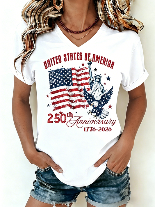 Women's 1776-2026 Statue of Liberty Anniversary Eagle Print V-neck T-shirt