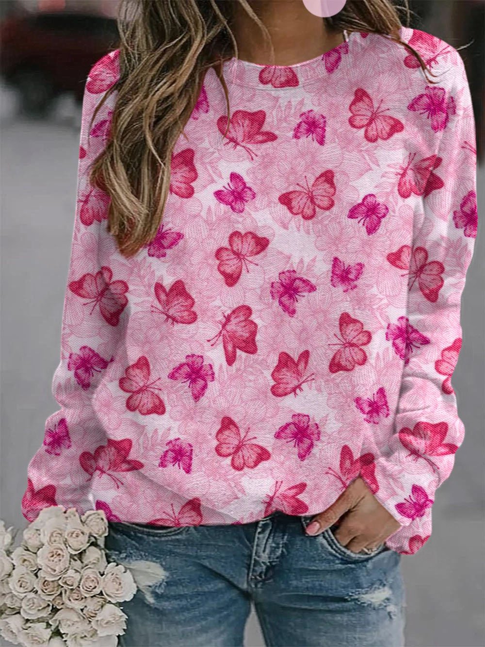 Women's Breast Cancer Awareness Pink Butterflies Floral Print Sweatshirt