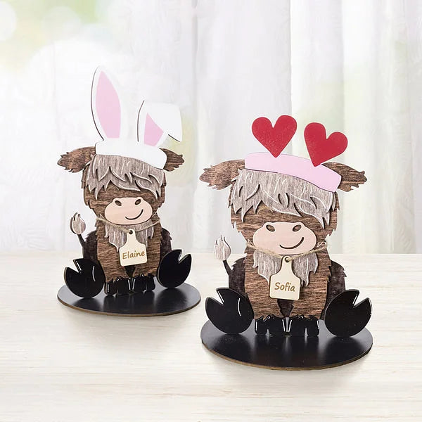 Cute Highland Cow Wooden Tabletop Decor with 12 Interchangeable Hats