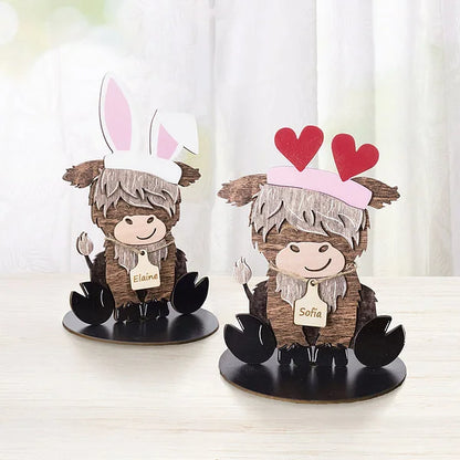 Cute Highland Cow Wooden Tabletop Decor with 12 Interchangeable Hats