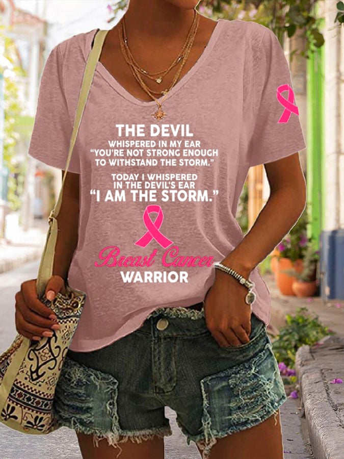 Women's The Devil- Breast Cancer Awareness Support Ribbon Print Casual T-Shirt