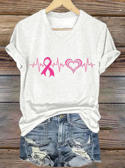 Women's Breast Cancer Awareness Print V-Neck T-Shirt