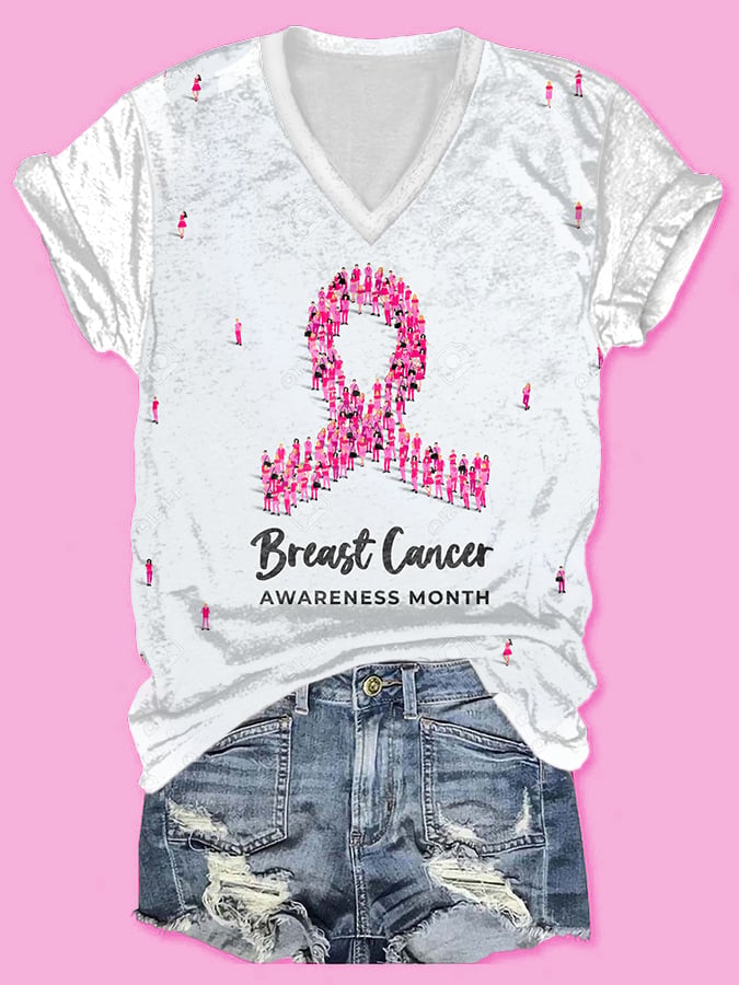 Women's Casual Pink Ribbon Breast Cancer Art Print Short Sleeve T-Shirt