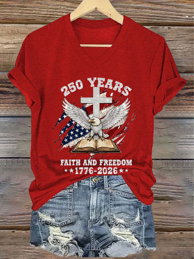 Women'S America Flag Floral Print Casual V-Neck T-Shirt