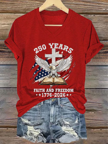 Women'S America Flag Floral Print Casual V-Neck T-Shirt