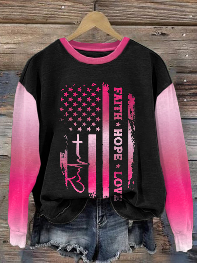 Women's Dragonfly Believe Breast Cancer Awareness Print Long Sleeve Sweatshirt
