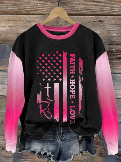 Women's Dragonfly Believe Breast Cancer Awareness Print Long Sleeve Sweatshirt