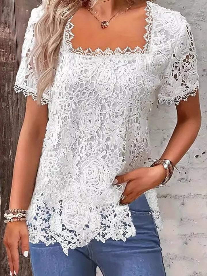 Women's Fashion Solid Color Square Neck Lace Top