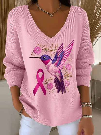 Women's Breast Cancer Hummingbird Print Long Sleeve Top