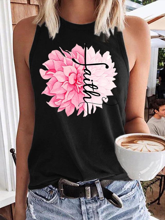 Women'S Floral Breast Cancer Awareness Print Sleeveless Tank Top