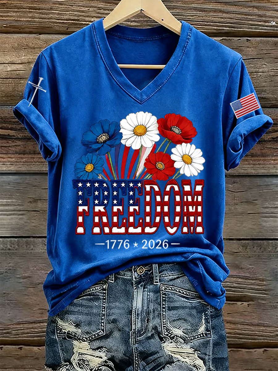 Women's Retro Freedom American Flag Cross Printed Short-Sleeve T-Shirt