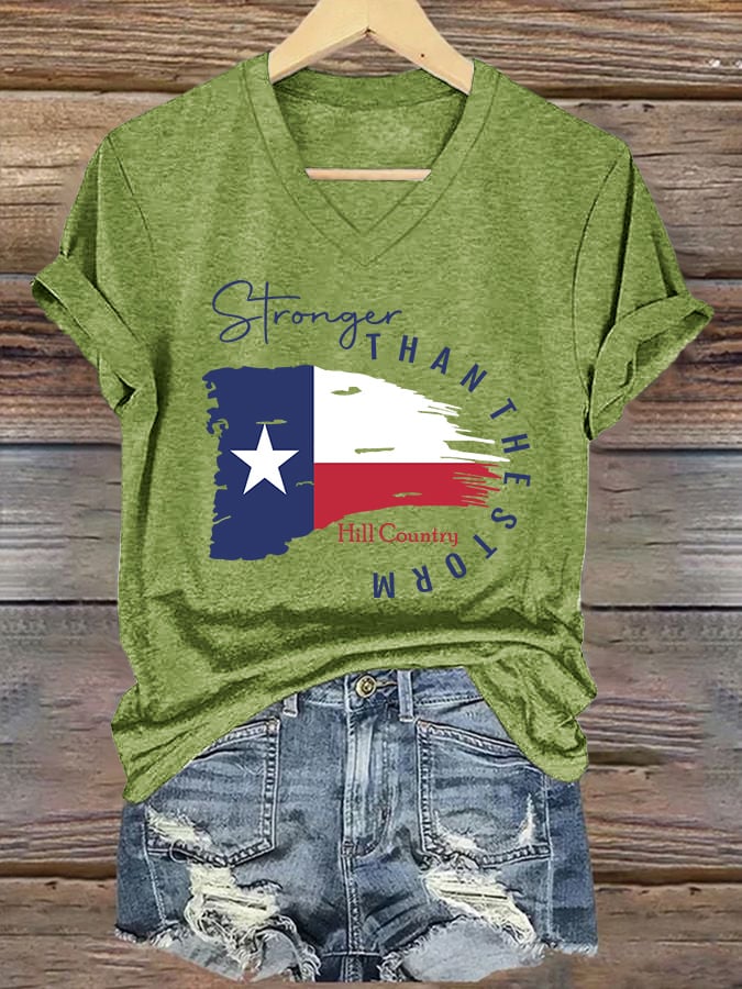 🙏💔Join us in praying for Texas.🙏V-Neck Retro Texas Strong Hill Country Stronger Than The Storm Print T-Shirt