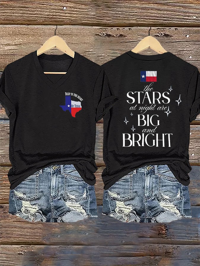 🙏💔Join us in praying for Texas.🙏V-Neck Retro Texas Strong The Stars At Night Are Big And Bright Deep In The Heart Of Texas Print T-Shirt