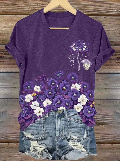 Women'S Alzheimer's Disease Awareness Floral  Printed Casual T-Shirt