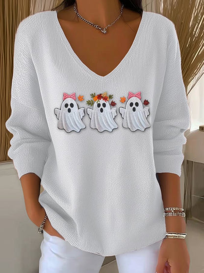 Women's Casual Pink Ghost Stripe Long-Sleeved V-Neck Top