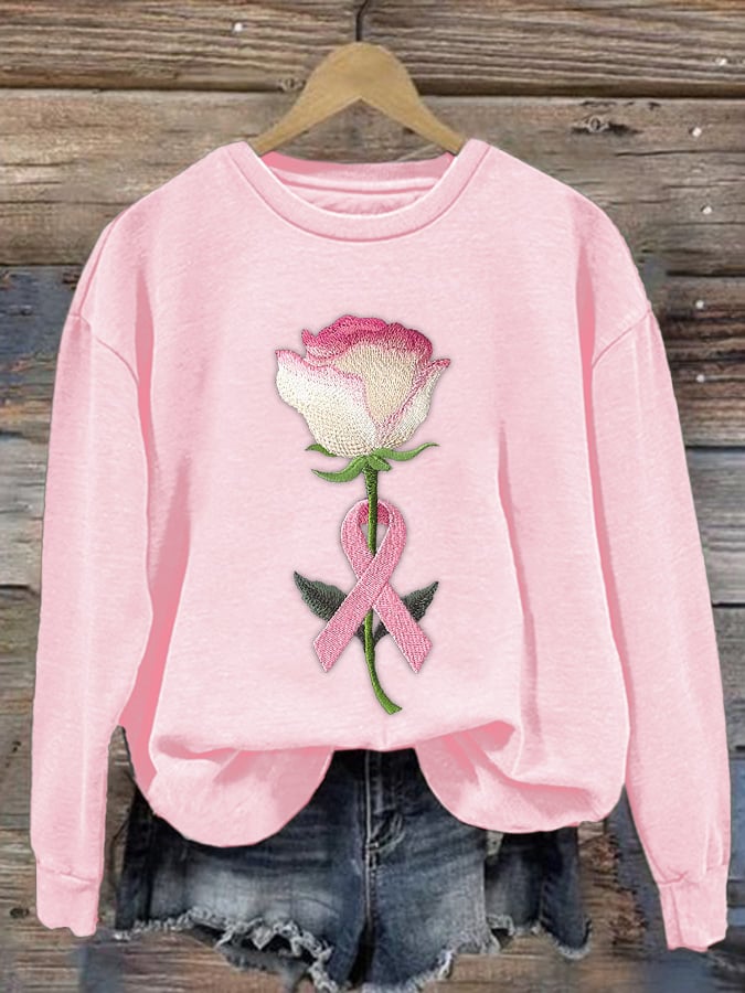 Women's pink embroidered floral print crew neck sweatshirt