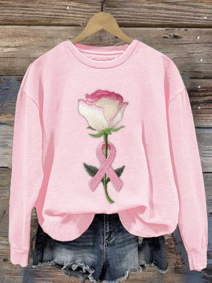 Women's pink embroidered floral print crew neck sweatshirt