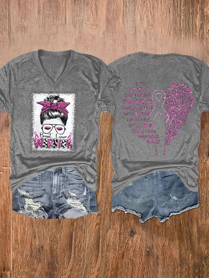 Women'S Breast cancer warrior Awareness V Neck T-Shirt