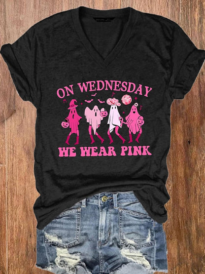 Women's Halloween Breast Cancer On Wednesdays We Wear Pink Howdy Pink Ribbon Ghost Print V-Neck T-Shirt