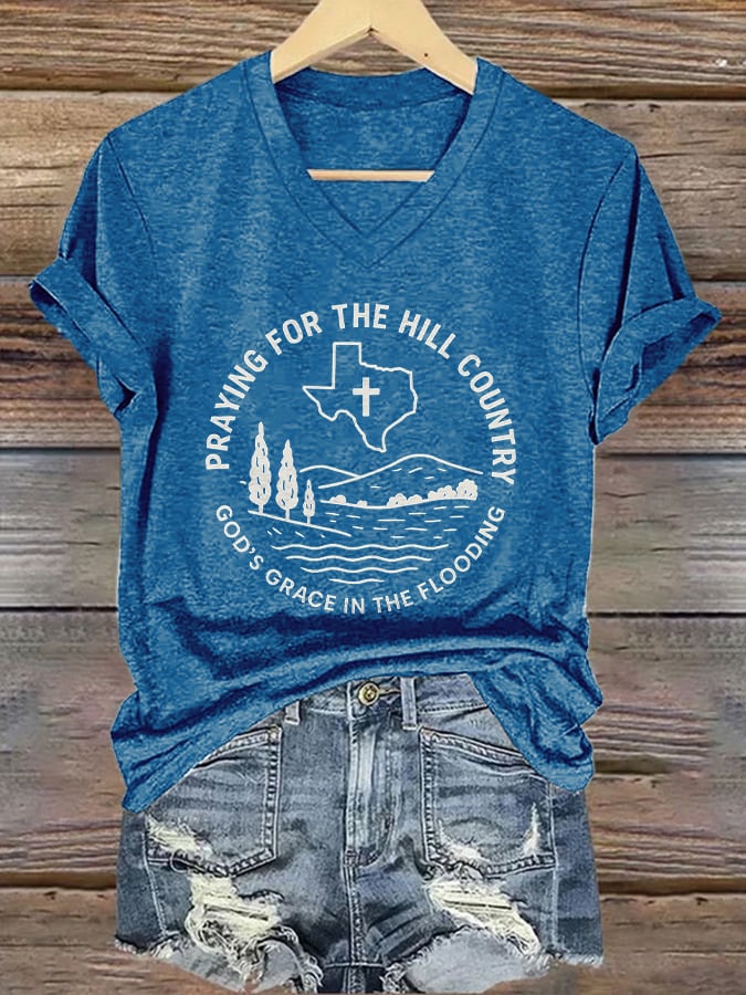 🙏💔Join us in praying for Texas.🙏V-Neck Retro Texas Strong Praying For The Hill Country God’s Grace In The Flooding Print T-Shirt