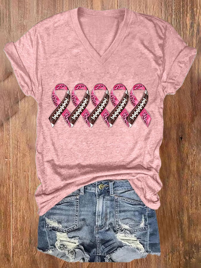 Women's Casual Breast Cancer Ribbon Print Short Sleeve T-Shirt