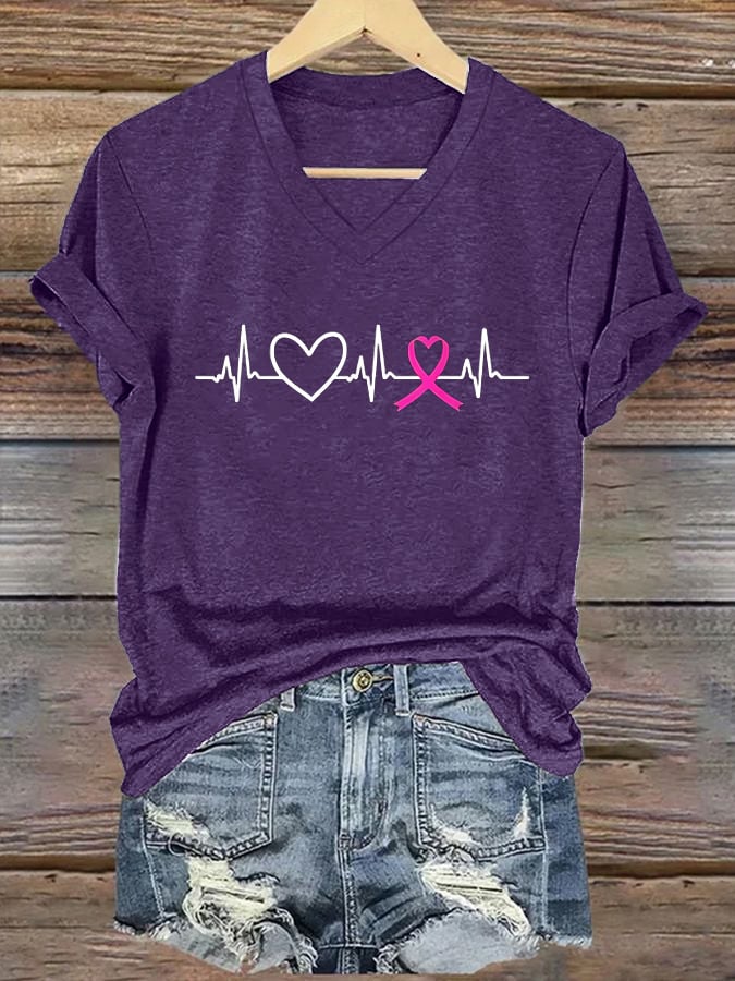 Women's Breast Cancer Heart ECG V-Neck Print T-Shirt Top