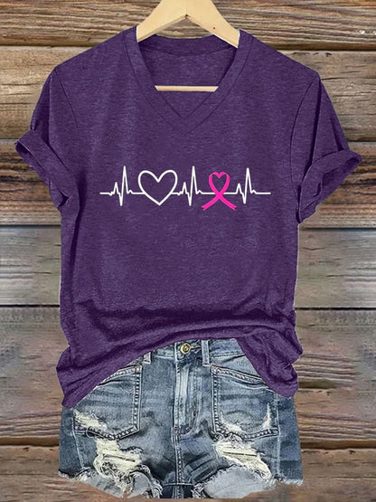 Women's Breast Cancer Heart ECG V-Neck Print T-Shirt Top
