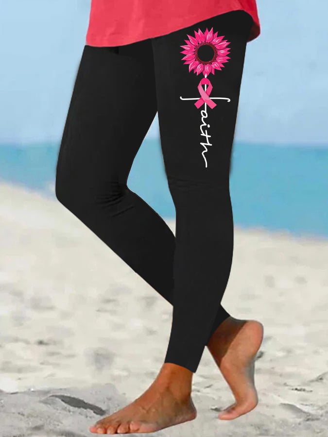 Women's Faith Hope Love Breast Cancer Awareness Sunflower Pink Ribbon Print Leggings