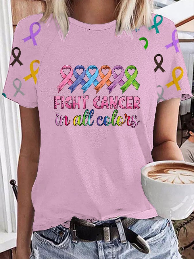 Women's Fight Cancer In All Colors Print Casual Tee