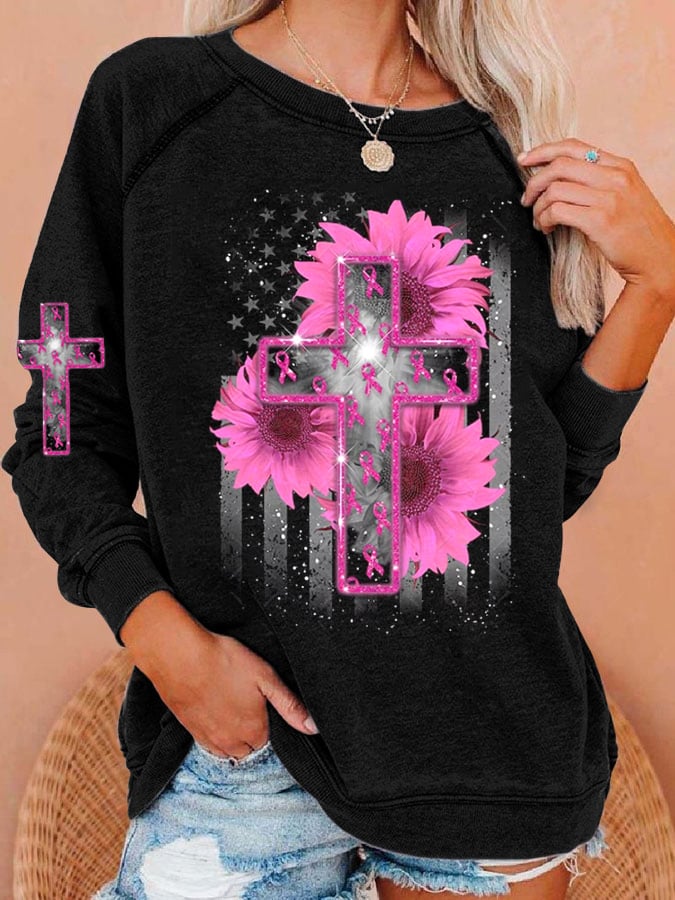 Breast Cancer Print Long Sleeve Sweatshirt