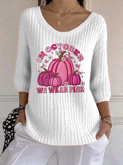 Women's Casual Retro Pink October We Wear Pink Pumpkin Sweater