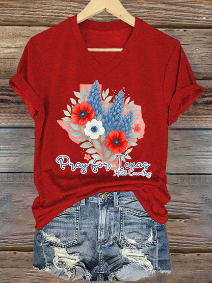 🙏💔Join us in praying for Texas.🙏V-Neck Retro Texas Strong Pray For Texas Hill Country Print T-Shirt