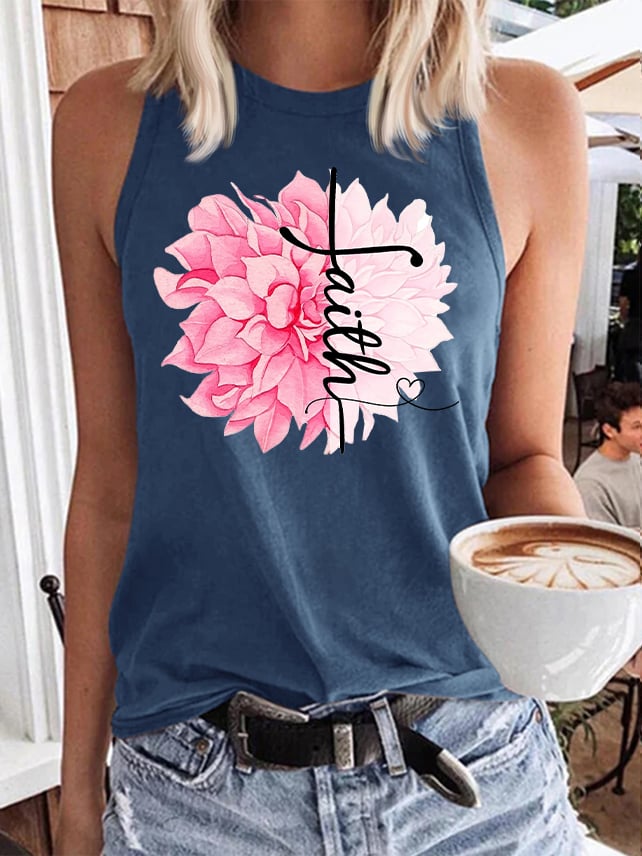 Women'S Floral Breast Cancer Awareness Print Sleeveless Tank Top