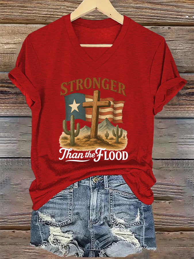 🙏💔Join us in praying for Texas.🙏V-Neck Retro Texas Strong Stronger Than The Flood Faith Cross Print T-Shirt