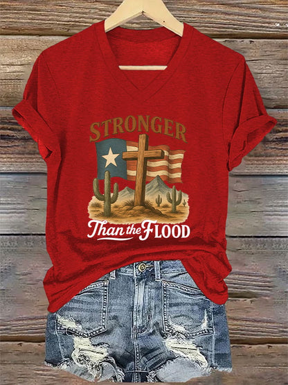 🙏💔Join us in praying for Texas.🙏V-Neck Retro Texas Strong Stronger Than The Flood Faith Cross Print T-Shirt